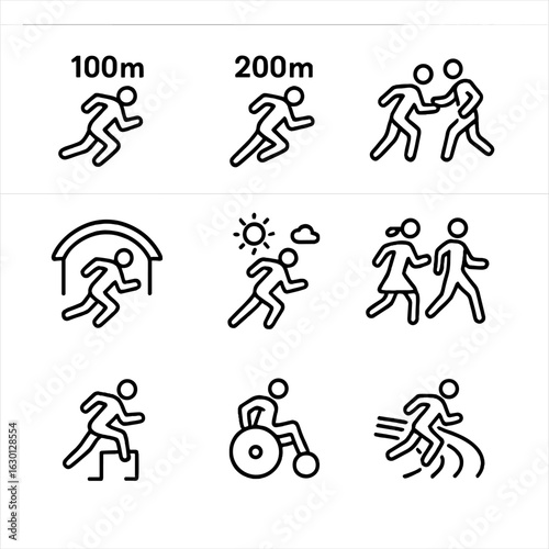 Sprint Event Icons. Outline icon set of sprint event types: 100m sprint, 200m sprint, relay sprint, indoor sprint, outdoor sprint,