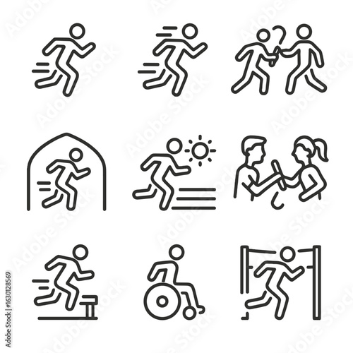 Sprint Event Icons. Outline icon set of sprint event types: 100m sprint, 200m sprint, relay sprint, indoor sprint, outdoor sprint,