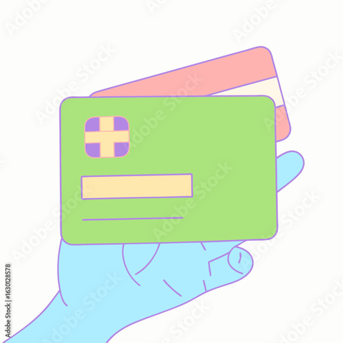 Stylized icon of a hand holding two bank cards with chip and stripe.