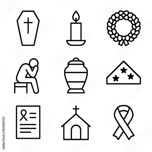 Funeral Rituals Icons. Outline icon set of funeral rituals: coffin outline, memorial candle, wreath, grieving figure silhouette,