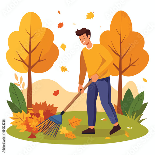 A man raking fallen autumn leaves in a park, surrounded by trees and foliage.