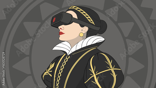 Renaissance Woman Experiencing Virtual Reality Headset.