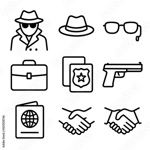 Spy Essentials Icon Set. Outline icon set of secret agents: trench coat figure, fedora hat, dark glasses, earpiece, briefcase,