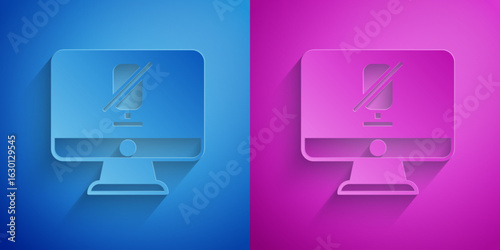 Paper cut Mute microphone on computer icon isolated on blue and purple background. Microphone audio muted. Paper art style. Vector