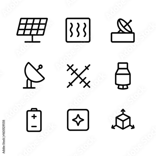 Starlink Features Icons. Outline icon set of Starlink satellite features: solar panel, thermal control, onboard computer,