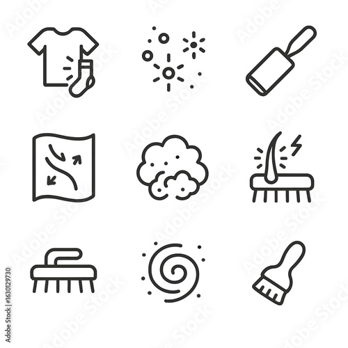 Static Cling Icons. Outline icon set of static cling and dust: clothes sticking, dust particles, lint roller, static cling on
