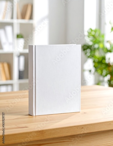 Blank white square book mockup on a wooden desk in a bright office interior.
