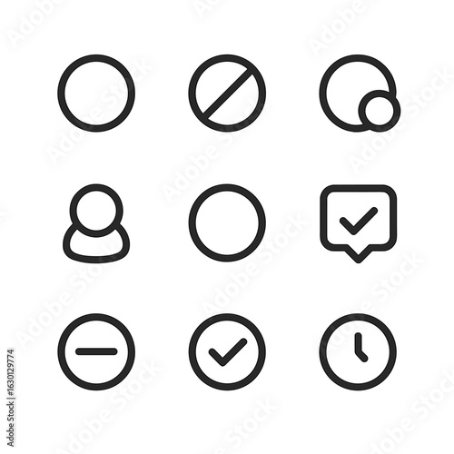 Status Indicator Icons. Outline icon set of status indicators: online status dot, offline status dot, busy status icon, idle