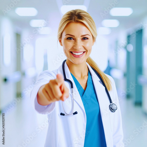 Confident Nurse Pointing Forward with Smile in Hospital Hallway