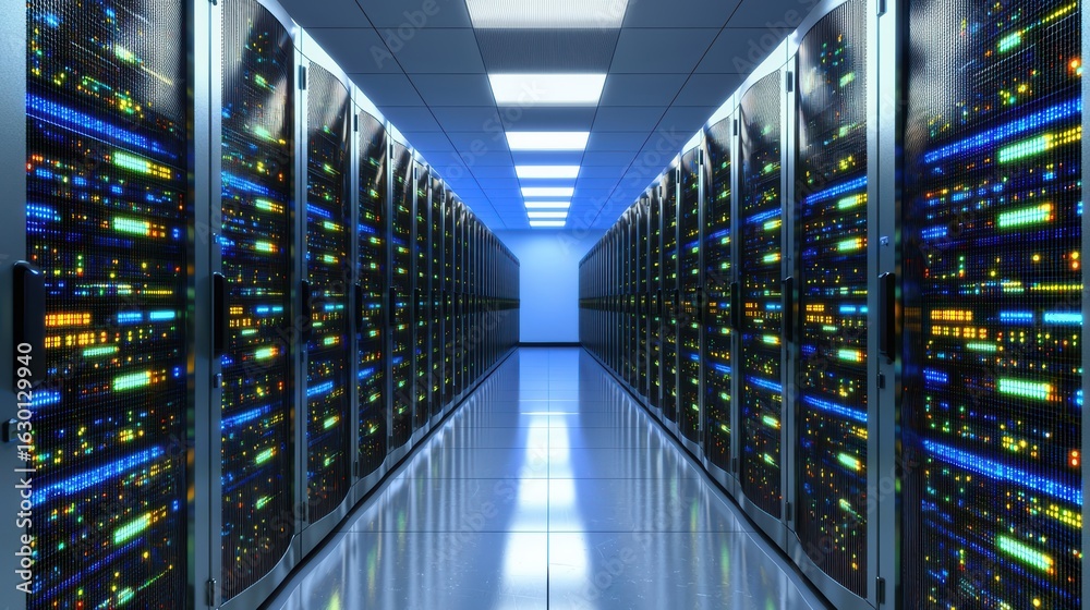 Fototapeta premium Inside a Modern Data Center with Rows of Network Server Racks