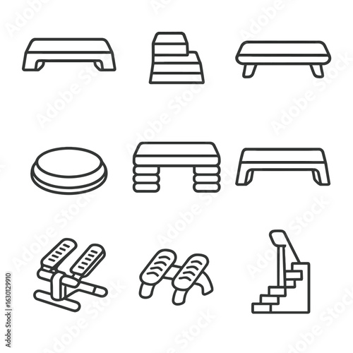 Step Exercise Icon Set. Outline icon set of step exercise equipment: aerobic stepper, stair platform, step bench, balance step,