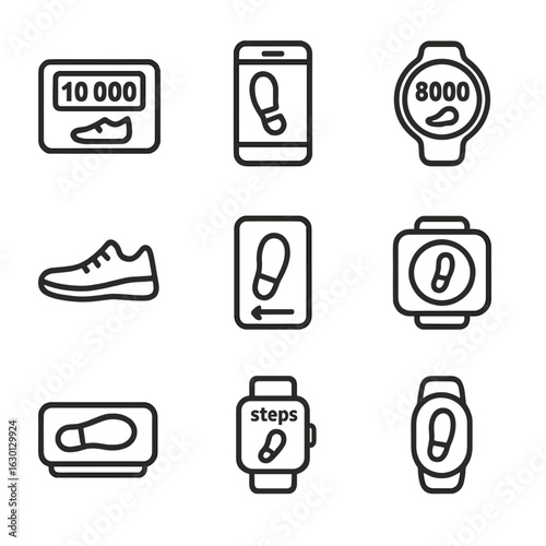 Step Tracking Icons. Outline icon set of step instruments: step counter, step tracker, pedometer, step sensor, fitness tracker,