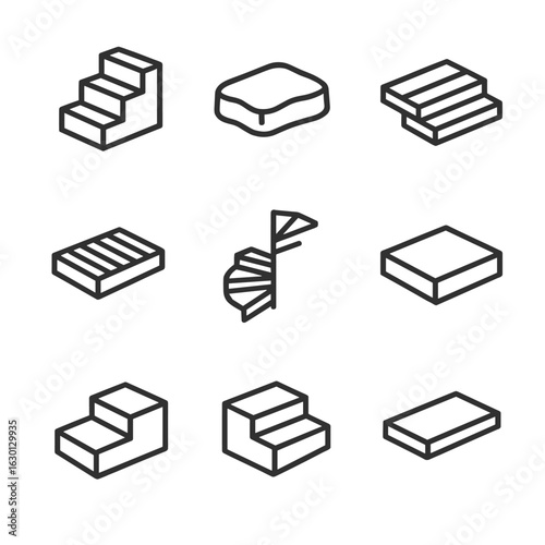 Step Icon Set. Outline icon set of step architectural elements: stair step, stone step, wooden step, metal step, spiral step,