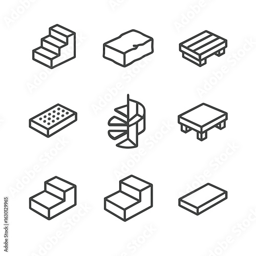 Step Icon Set. Outline icon set of step architectural elements: stair step, stone step, wooden step, metal step, spiral step,