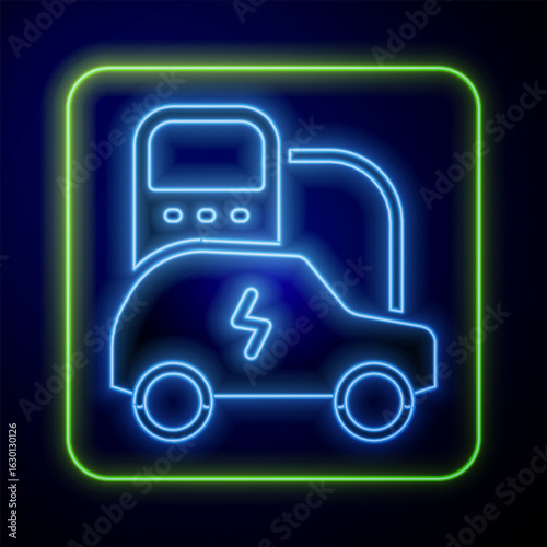 Glowing neon Electric car and electrical cable plug charging icon isolated on blue background. Renewable eco technologies. Vector