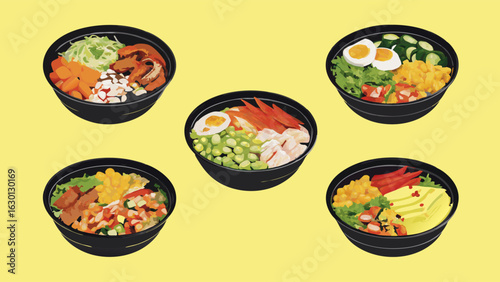 Assorted Colorful Asian Bowls of Food.