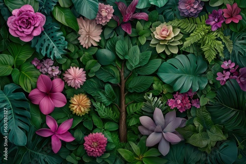 Vibrant Floral Arrangement with Lush Green Leaves and Colorful Blooms