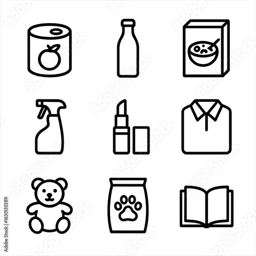 Store Product Icons. Outline icon set of product types in stores: canned food, bottled drink, cereal box, cleaning spray, makeup