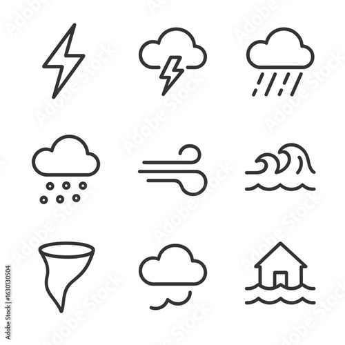 Storm Elements Icon Set. Outline icon set of storm elements: lightning bolt, thundercloud, heavy rain, hailstorm, strong wind,