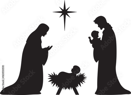 Nativity scene silhouette with star, Mary, Joseph, and baby Jesus