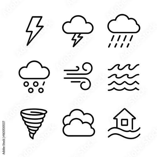 Storm Elements Icon Set. Outline icon set of storm elements: lightning bolt, thundercloud, heavy rain, hailstorm, strong wind,
