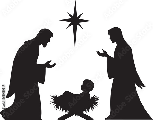 Peaceful nativity scene with star and loving parents honoring baby Jesus