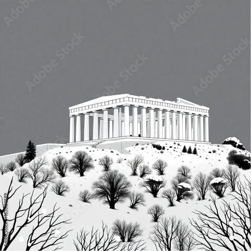 Acropolis smothered in snow in Athens at midnight with glowing lanterns