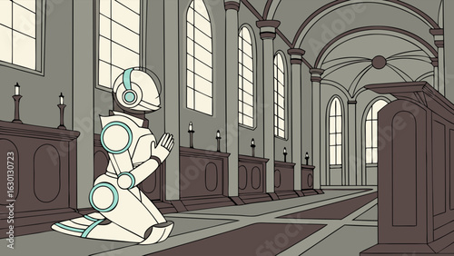 Robot Kneeling in Prayer Inside a Church Building.