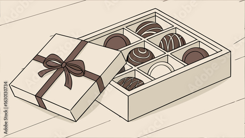 Cartoon illustration of a box of assorted chocolates with a bow.