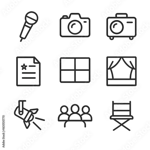 Storytelling Tools Icons. Outline icon set of storytelling tools: microphone, camera, projector, script, storyboard, stage,