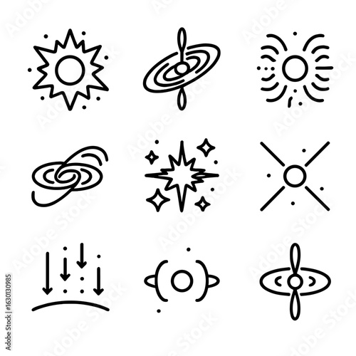 Galactic Phenomena Icons. Outline icon set of galactic phenomena: supernova, quasar, pulsar wind nebula, black hole jet, starburst
