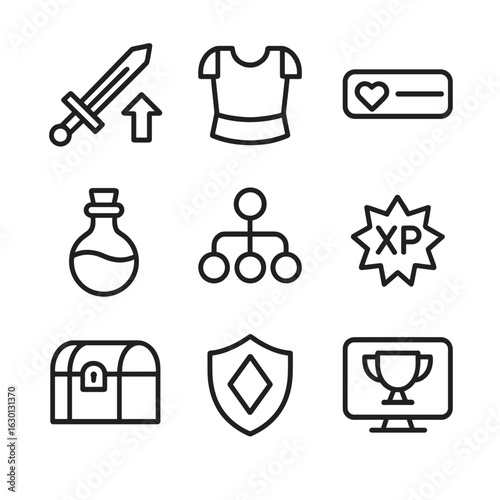 Gaming Icon Set. Outline icon set of gaming level up: sword upgrade, armor icon, HP bar, mana potion, skill tree, experience icon,