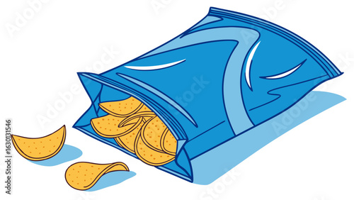Cartoon Illustration of Potato Chips Spilling from a Blue Bag.