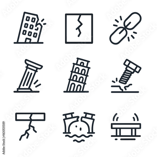 Structural Instability Icons. Outline icon set of instability in structures: collapsing building, cracked wall, broken chain,