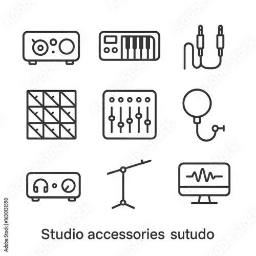 Studio Accessories Icons. Outline icon set of studio accessories: audio interface, MIDI keyboard, patch cables, soundproofing