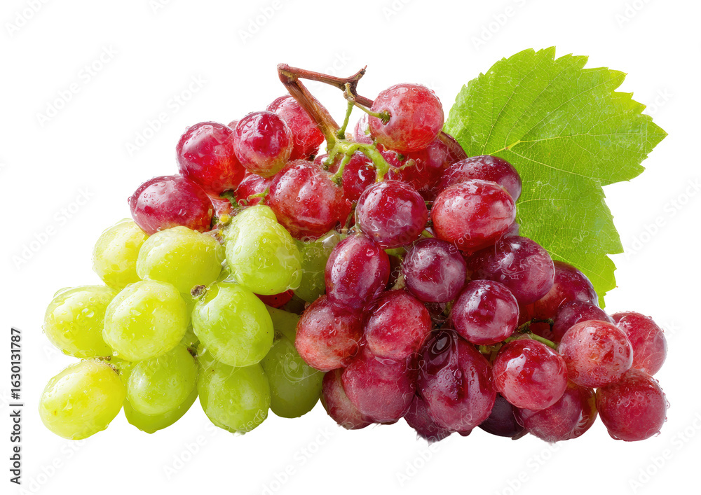Fototapeta premium Close-up of mixed red and green grapes with leaves