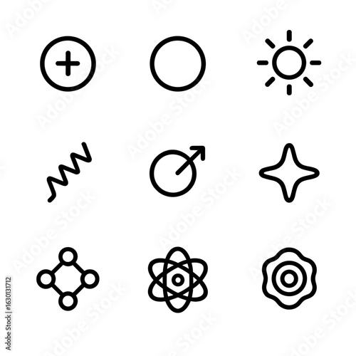 Subatomic Particle Icons. Outline icon set of particles and forces: proton, neutron, electron, photon, gluon, neutrino, quark,