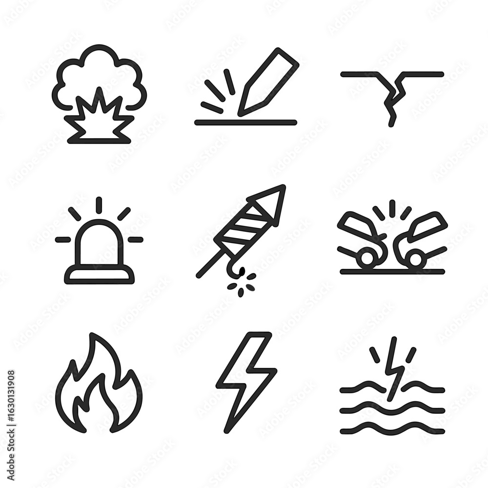 Fototapeta premium Sudden Shock Icons. Outline icon set of sudden shock events: explosion, impact, cracked surface, flying debris, alarm siren,