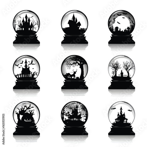 Vector silhouette set of Halloween Crystal Ball isolated in White background, silhouette Set, Halloween theme, Vector illustration