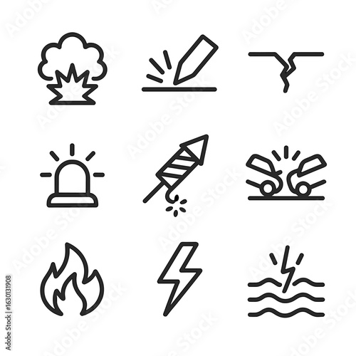 Sudden Shock Icons. Outline icon set of sudden shock events: explosion, impact, cracked surface, flying debris, alarm siren,
