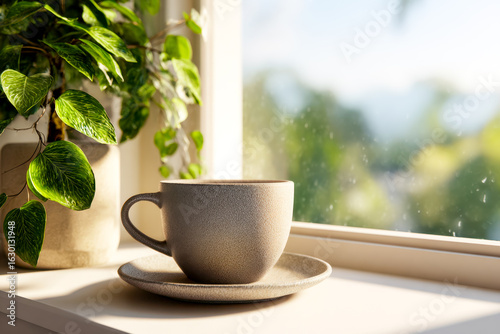 Wallpaper Mural Cozy morning with a warm beverage and lush greenery by the window Torontodigital.ca