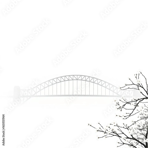 Sydney Harbour Bridge half-hidden in fog in Sydney under fresh spring blossoms