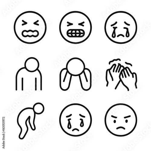 Suffering Expression Icons. Outline icon set of suffering expressions: grimacing face, clenched teeth, crying eyes, drooping