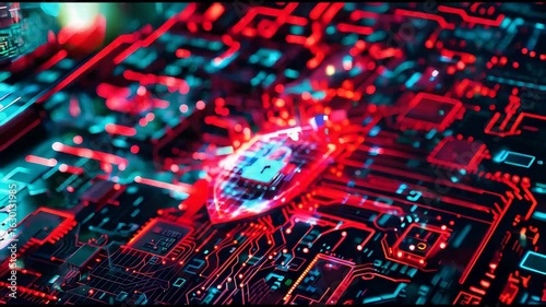 Red Cybersecurity Shield with Lock Icon on Digital Circuit Board Representing Data Protection Technology