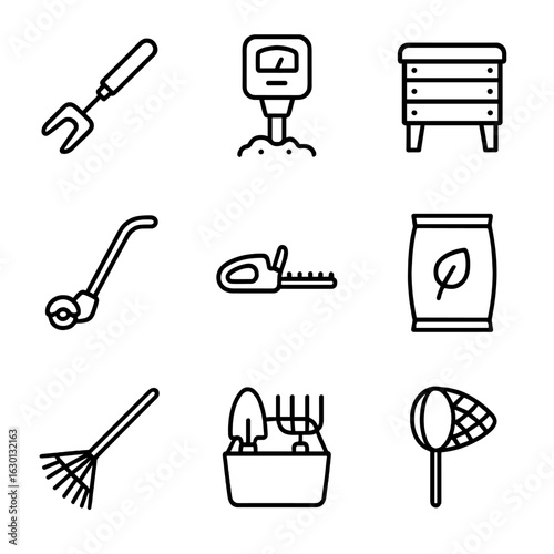 Garden Tool Icons. Outline icon set of garden maintenance: weeder, soil tester, compost bin, lawn edger, hedge trimmer, mulch bag,