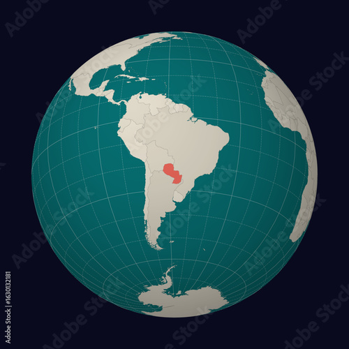 Paraguay on the map. Globe centered to Paraguay. Country location on the world map. Teal Pale Mint color palette. Globe with countries, meridians and parallels. Creative vector illustration.