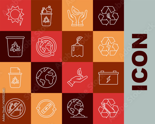 Set line Recycling plastic bottle, Car battery, Battery with recycle symbol, Sprout hand of environmental protection, Planet earth recycling, Recycle bin, Solar energy panel and icon. Vector