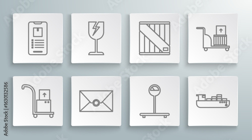 Set line Hand truck and boxes, Fragile broken glass symbol, Envelope, Scale, Cargo ship with delivery service, Wooden, Electric hand and Mobile phone app tracking icon. Vector