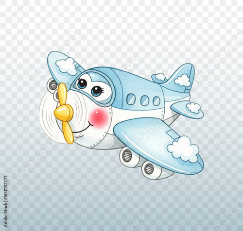Cute cartoon airplane vector illustration. The plane has a friendly face with big eyes and rosy cheeks, a yellow propeller, and small clouds floating on its wings and tail. 