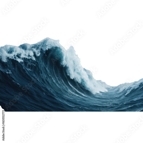 A powerful ocean wave crashing, showcasing dynamic movement and rich blue tones with foamy white crests.